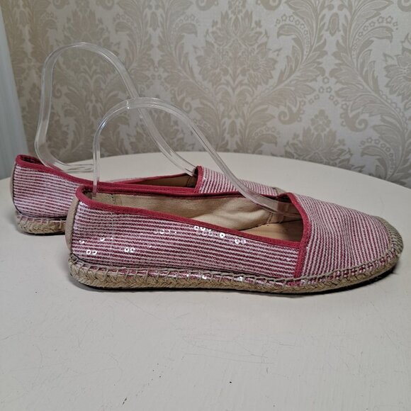 Franco Sarto Size 8.5 A-Whip Pink and White Striped Espadrilles Sequins Jute - Picture 5 of 10